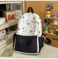 Korean ins style cute cartoon cat canvas backpack in black and white variant for students. - No Pendant / L / Black