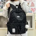 Cute black school backpack for girls with white star print, casual daypack for teens. - Large (With Pendant) / Black