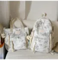 Star Moon Print School Backpack Casual Student Bookbag And Tote Bag Set Grey Style - White 2-Piece Set + Pendant