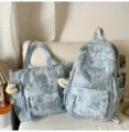 Korean style star print casual backpack and matching tote bag set for students and daily use. - 2-Piece Set in Blue with Pendant