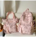 Pink star moon school backpack and tote bag set, cute student casual daypack and handbag. - Pink 2-Piece Set + Pendant