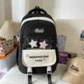 Black and white school backpack with large capacity, contrast color, and transparent pocket. - Backpack / No Pendant / Black