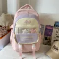 Pink colorblock backpack with multiple compartments, cute star charms, spacious school bag. - Backpack / No Pendant / Pink
