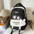 Colorblock school backpack with front transparent pocket and cute plush rabbit pendant. - Backpack / With Pendant / Black