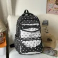 Joli sac à dos à pois noir et blanc avec nœud et poche en dentelle pour filles école quotidien. - Sans pendentif / Noir