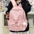 Pink star print backpack with cute bow and fluffy charm for daily travel and school variant. - Large (With Pendant) / Pink