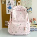 Pink cute star pattern school backpack, casual canvas bookbag for students and daily use. - Backpack Only (Without Pendant) / Pink