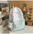 Light green canvas cute cat doodle backpack for daily school use, spacious student bookbag. - With Charm / L / Green