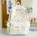 Japanese Style White Canvas School Backpack Cute Dog Print Large Capacity Casual Daypack - Backpack (With Pendant) / White