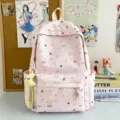 Pink Japanese style large capacity school backpack with cute star and bear print for students. - Backpack (With Pendant) / Pink
