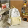 Cute white and yellow canvas backpack for students, featuring adorable cartoon cat prints. - No Pendant / S / Yellow