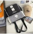 Casual canvas color-block checkered shoulder bag, large capacity college style tote for women. - No Pendant / Black