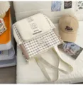 Casual student plaid canvas messenger bag, stylish contrast tote for school use. - No Pendant / Off White
