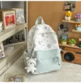 Ins Cute Cartoon Cat Backpack Green White Canvas School Bag Large Capacity Casual Daypack - No Pendant / S / Green