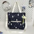Dark blue canvas tote bag with star and puppy print, multi-pocket casual shoulder bag for daily use. - Tutoring Bag (With Pendant) / Black