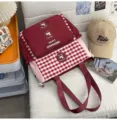 Red white plaid canvas tote bag, casual student campus shoulder bag, large capacity handbag. - No Pendant / Red