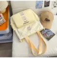 Canvas messenger bag for women college style color-block yellow plaid shoulder tote bag - No Pendant / Yellow