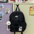 Cute black star print backpack for students, Japanese ins style school bag with plush charm. - Small (With Pendant) / Black