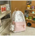 Cute cat print canvas backpack, white and pink student schoolbag, large capacity casual daypack. - No Pendant / S / Pink