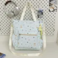 Cute Japanese style canvas tote bag, large capacity student crossbody shoulder bag with cartoon print. - Tutoring Bag (With Pendant) / Blue