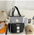 Black and White Plaid Tote Bag Casual Student Shoulder Handbag with Front Pocket - With Pendant / Black