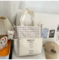 Canvas plaid tote bag for women, large capacity shoulder bag with color block and cute pendant design. - With Pendant / Off White