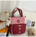 Student campus plaid tote bag, large capacity stylish color block shoulder bag for women - With Pendant / Red