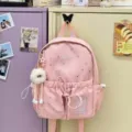 Cute pink star print school backpack for girls, sweet Japanese style daily travel mini bookbag. - Small (With Pendant) / Pink