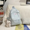 Cute light blue polka dot mini backpack with plush bear pendant for daily travel and school. - With Pendant / S / Blue