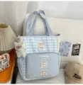 Blue white checkered canvas tote bag, cute bear pendant, large capacity student casual shoulder bag. - With Pendant / Blue
