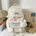 Cute cream school backpack with rabbit plush pendant, multi-compartment large capacity bag. - Backpack / With Pendant / White
