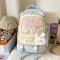 Cute pastel multi-compartment school backpack for teenage girls with rabbit charm. - Backpack / With Pendant / Blue