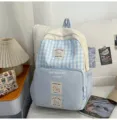Sweet plaid backpack for students, blue and beige variant, lightweight and large capacity bag. - Large Without Pendant / Blue