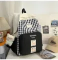 Japanese aesthetic checkered school backpack with cute cat pendant and large capacity. - Large With Charm / Black