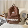 Korean corduroy backpack for women, brown school bag with cute lace pocket and bow patterns. - No Pendant / L / Coffee
