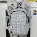 Black and white plaid backpack with cute bear patch, casual stylish student school bag. - L / Black
