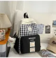 Japanese style plaid backpack sweet school bag lightweight large capacity double shoulder - Small Without Pendant / Black