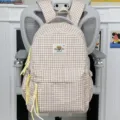 Cute Japanese style brown plaid backpack for women and students, casual daily school bookbag. - L / Khaki