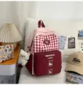 Japanese style sweet plaid backpack for students, cute casual school bag with large capacity. - Small Without Pendant / Red