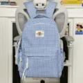 Cute light blue plaid backpack for school and daily casual use with multiple storage pockets. - L / Blue
