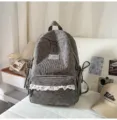 Grey corduroy backpack for women, Korean ins style school book bag with cute lace trim and bow. - No Pendant / L / Gray