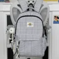 Casual plaid school backpack for students, cute aesthetic daily book bag with cute bear patch - Large With Charm / Black