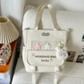 Cute white canvas backpack for girls, large capacity multi-compartment school bag with bunny pendant. - Shoulder Bag / With Pendant / White