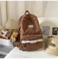 Brown corduroy backpack for women, cute school bag with lace trim and bear pendant daily use. - With Pendant / L / Coffee