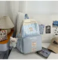 Japanese style sweet plaid backpack large capacity student school bag with cute bear pendant - Small Without Pendant / Blue