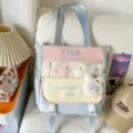 Cute colorblock student backpack with plush star and rabbit charms, large capacity, casual style - Shoulder Bag / With Pendant / Blue