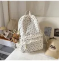 Korean ins style white corduroy backpack for women, cute bow print school bag with bear pendant. - With Pendant / L / White