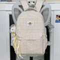 Cute Japanese style plaid backpack for women, sweet brown checkered school bookbag. - Large With Charm / Khaki