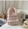 Korean style pink corduroy school backpack with cute bow patterns and lace trim. - With Pendant / L / Pink