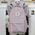 Pink and white plaid backpack cute sweet style student schoolbag with bear patch and plush charm - Large With Charm / Pink